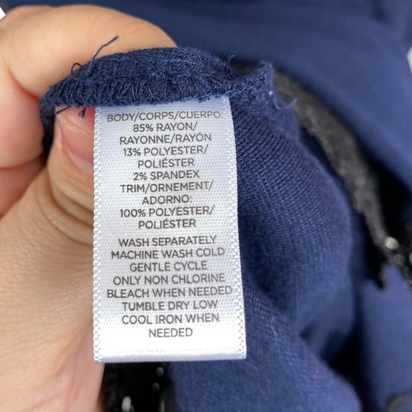 Loft Navy 3/4 Sleeve Black Lace Hem Knit Stretchy Blouse S Blue - Picture 7 of 10